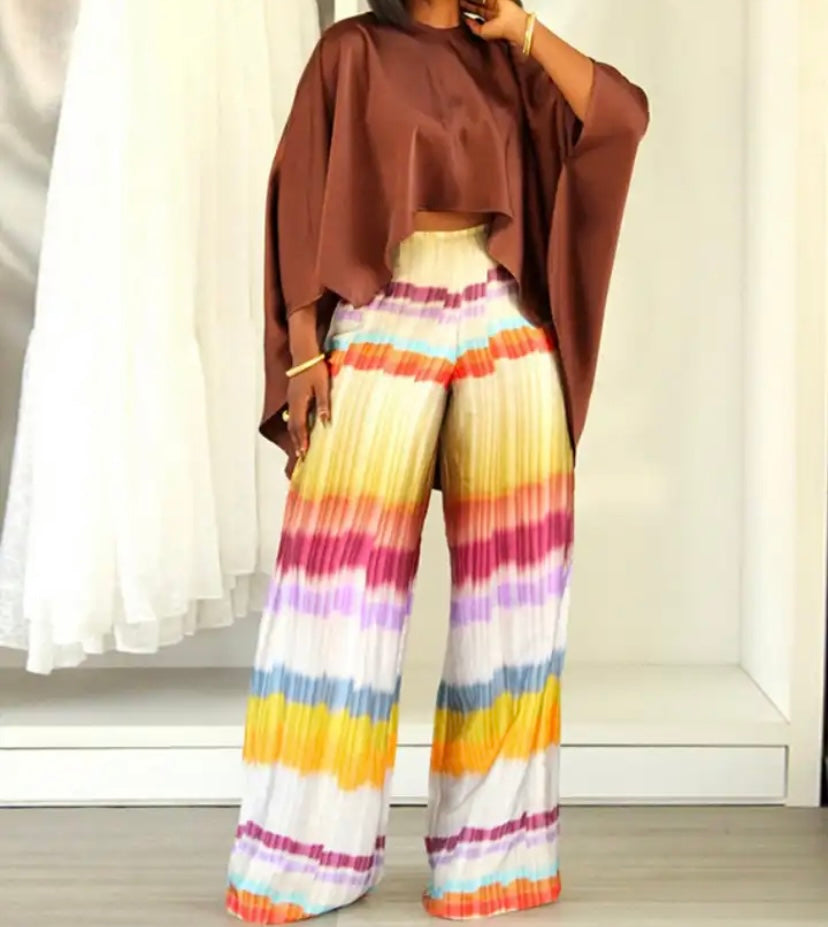 Women Fashion Asymmetrical Short Sleeve Printed Two Piece Pant Set