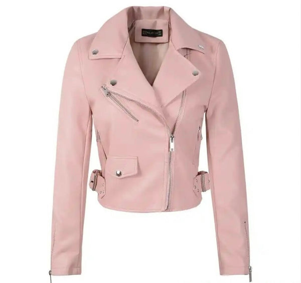 Women Color Fashion Faux Leather Jacket