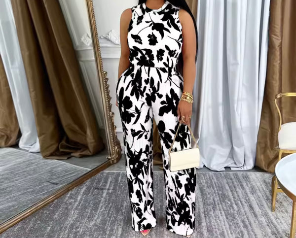 Women Sleeveless Color Floral Print Two Piece Pant Set