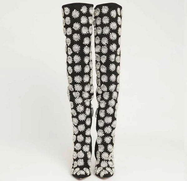 Women Fashion Suede Bling Print Over The Knee Boots