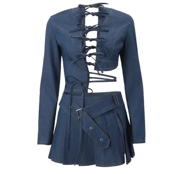 Women Sexy Full Sleeve Lace Up Two Piece Denim Skirt Set