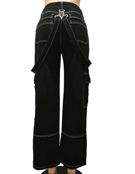 Women Fashion Suspenders Cargo Denim Pants