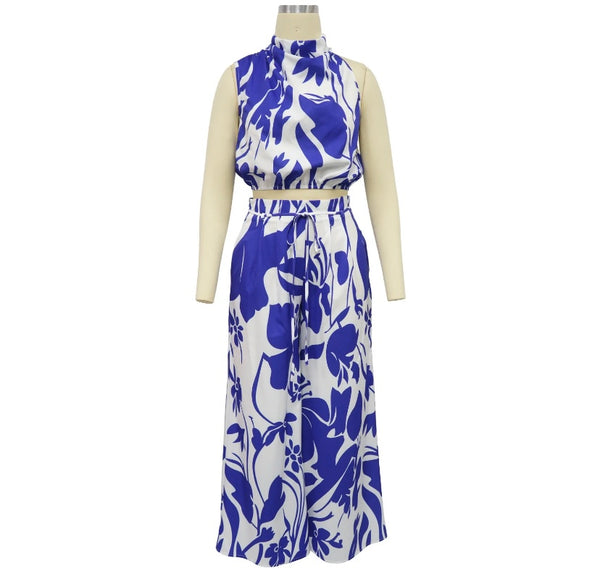 Women Sleeveless Color Patchwork Printed Two Piece Fashion Pant Set