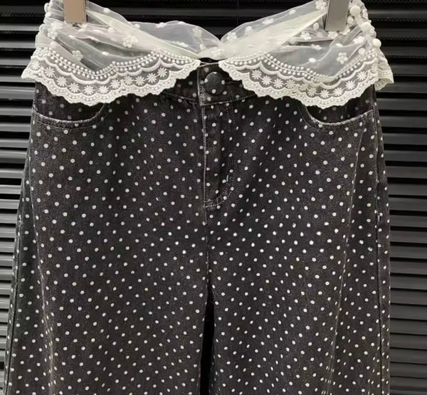 Women Lace Polka Dot Button Up Vest Denim Two Piece Pant Set