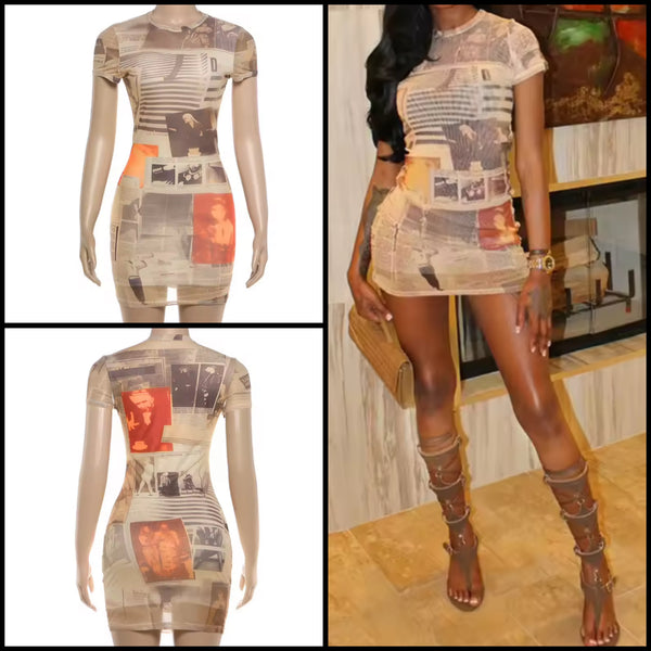 Women Sexy Printed Short Sleeve Mesh Dress