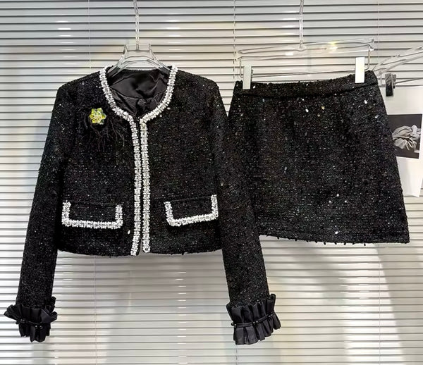 Women Black Sexy Sequins Bling Blazer Two Piece Skirt Set