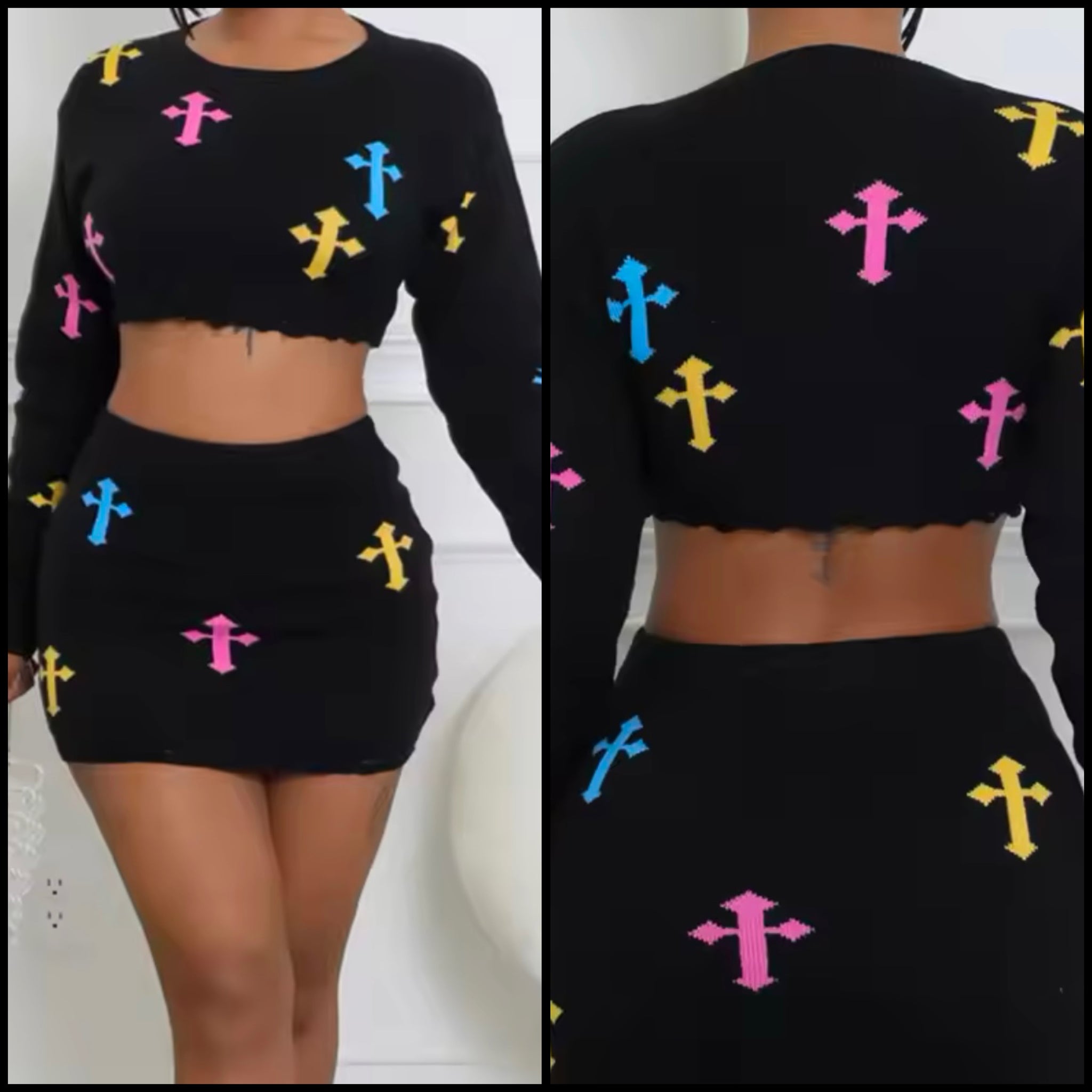 Women Sexy Black Colorful Print Full Sleeve Two Piece Skirt Set