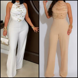Women Sexy Sleeveless Beaded Open Back Jumpsuit
