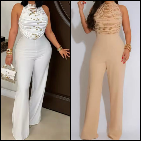 Women Sexy Sleeveless Beaded Open Back Jumpsuit