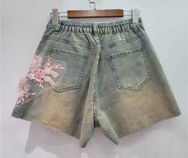 Women Fashion Pink Floral Patchwork Denim Shorts