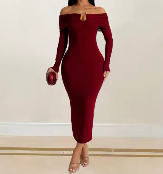 Women Sexy Solid Color Off The Shoulder Full Sleeve Maxi Dress
