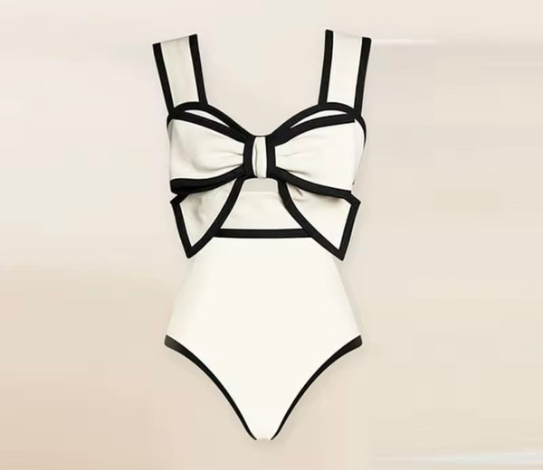 Women Fashion Bow Color Patchwork Polka Dot Swimsuit Cover Up Set