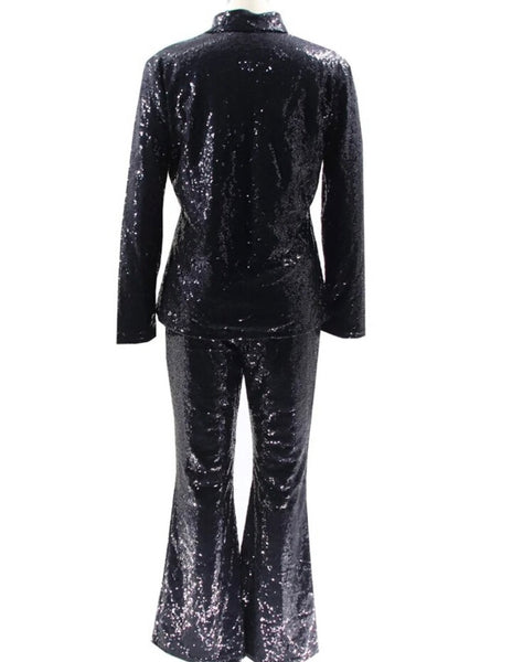 Women Black Button Up Full Sleeve Two Piece Fashion Sequins Pant Set