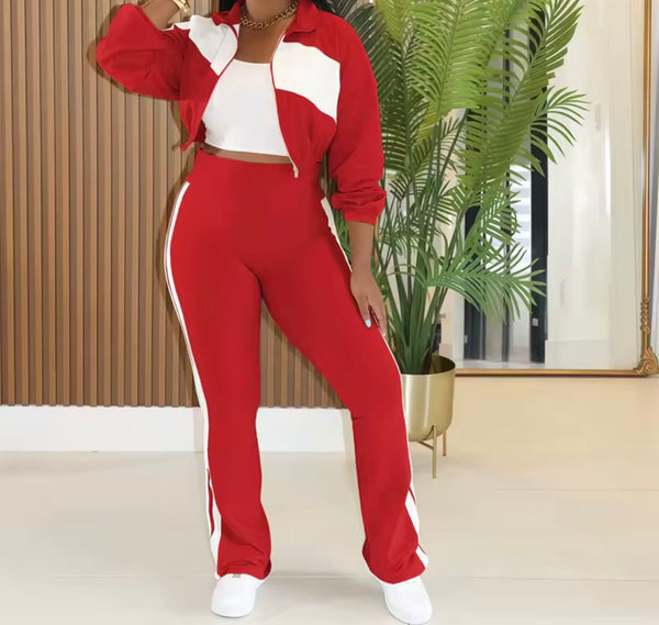 Women Color Patchwork Zip Up Tracksuit Two Piece Pant Set