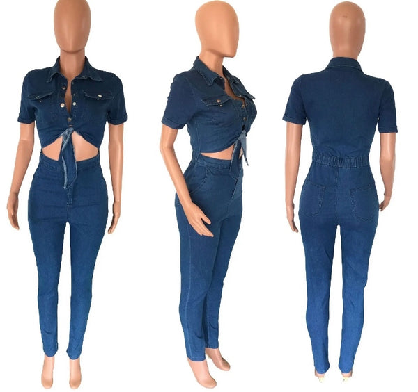 Women Short Sleeve Cut Out Sexy Denim Jumpsuit