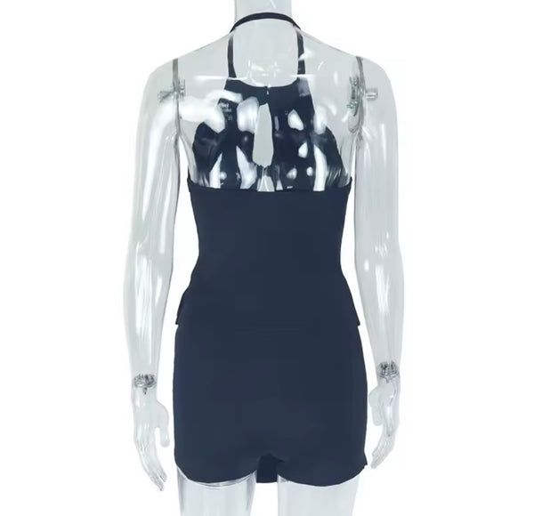 Women Sexy Halter Sleeveless Solid Color Two Piece Short Set