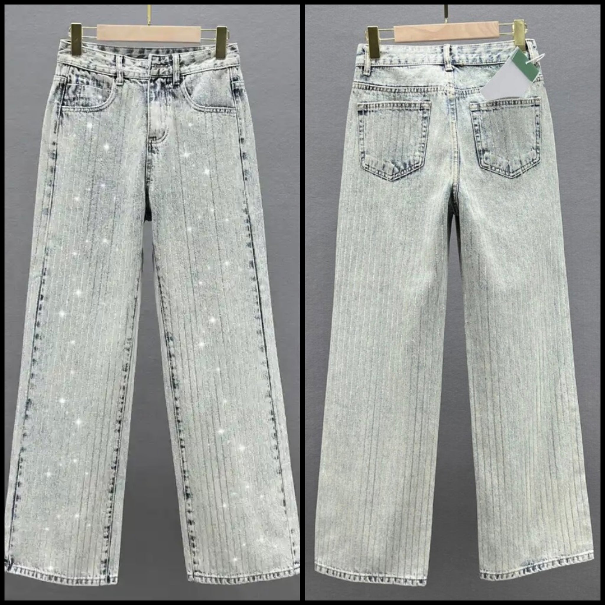 Women Fashion Rhinestone Striped Denim Pants