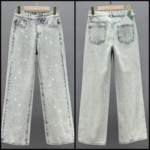 Women Fashion Rhinestone Striped Denim Pants