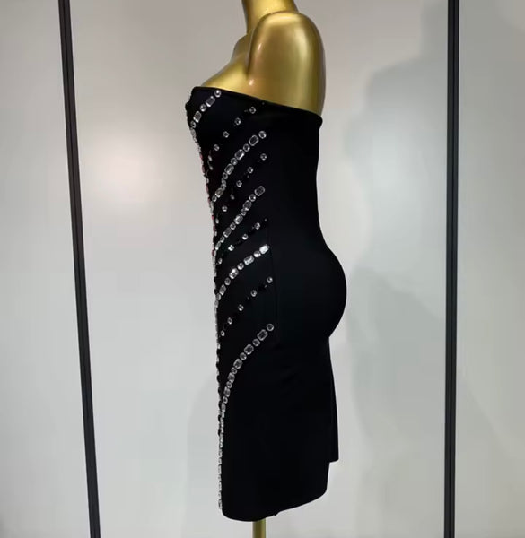 Women Black Sexy Strapless Rhinestone Dress