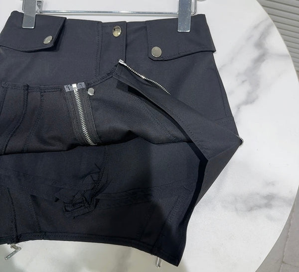 Women Sexy Fashion Black Zipper Button Short Skirt