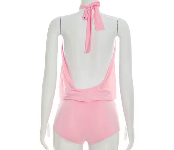 Women Sexy Halter Open Back Sleeveless Ruched Romper