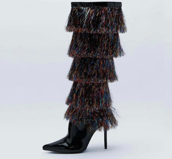 Women Fashion Pointed Toe Multicolored Fringe Knee High Boots