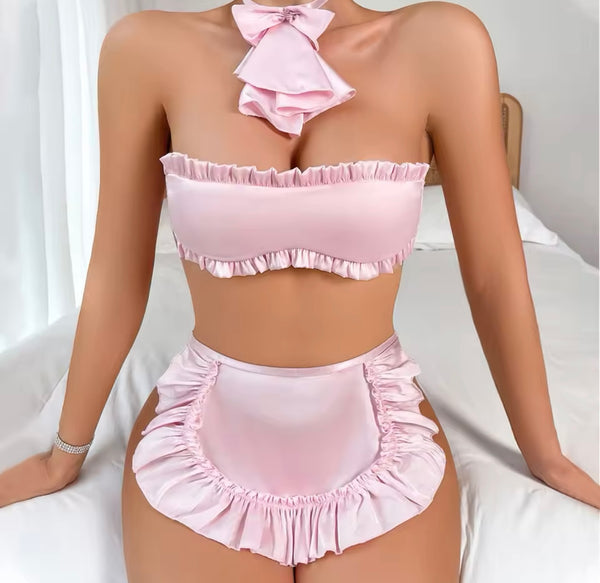 Women Pink Sexy Choker Ruffled Strapless Lingerie Set