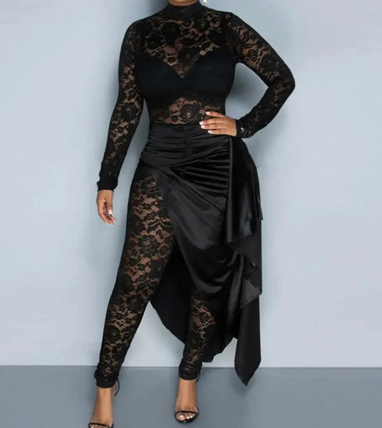 Women Sexy Full Sleeve Satin Asymmetrical Lace Jumpsuit