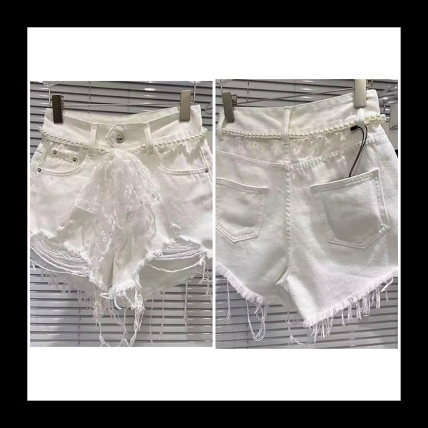 Women White Ripped Fashion Denim Shorts