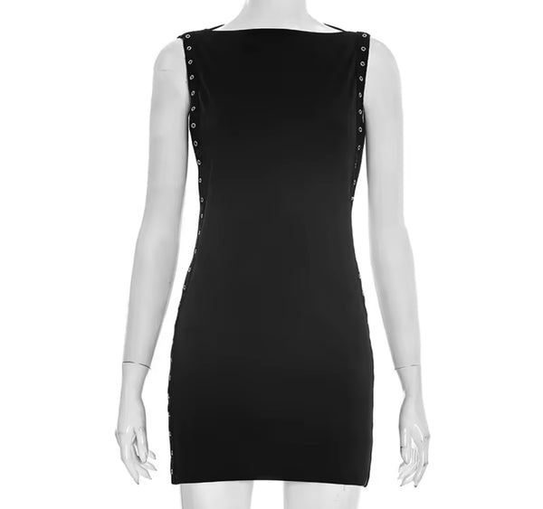 Women Sexy Black Sleeveless Rivet Dress