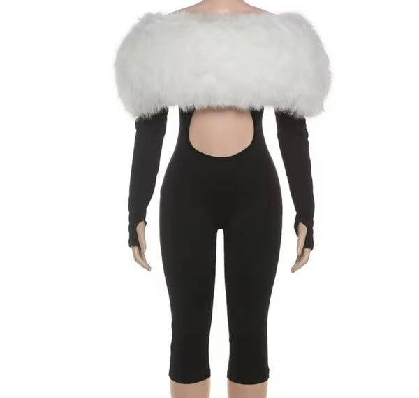 Women Fur Patchwork Off The Shoulder Cut Out Full Sleeve Romper