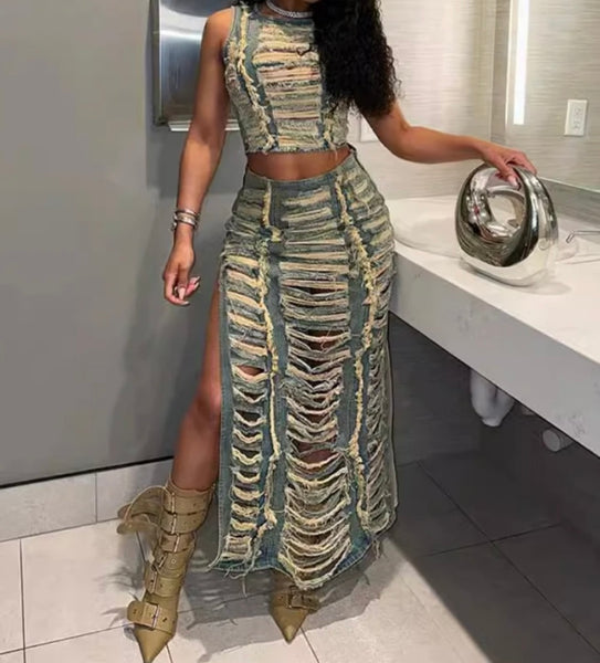 Women Sleeveless Fashion Fringe Ripped Two Piece Denim Maxi Skirt Set