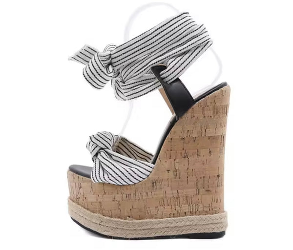 Women Fashion B&W Striped Wedge Lace Up Sandals