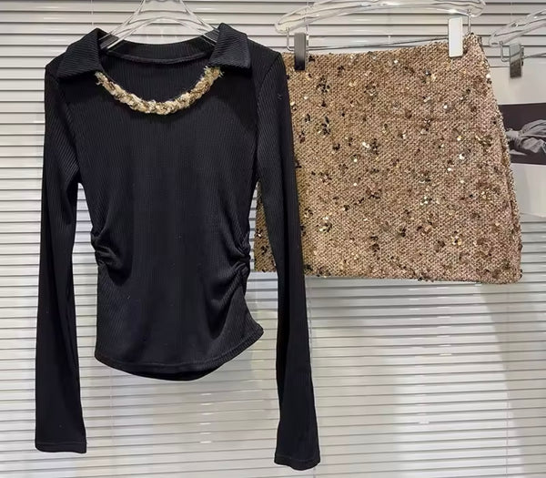 Women Sexy Full Sleeve Two Piece Sequins Skirt Set