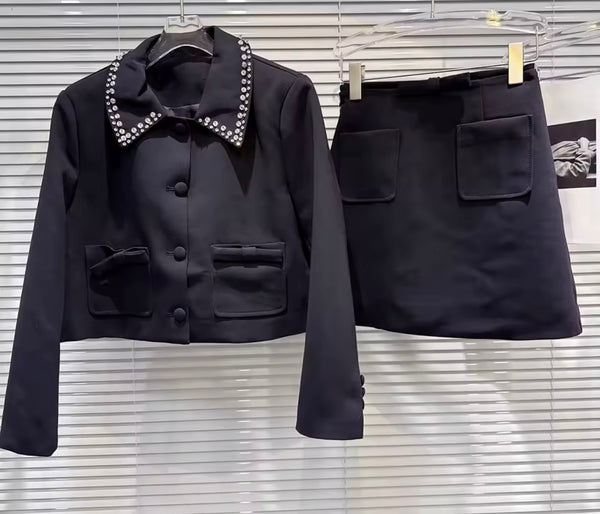 Women Black Rhinestone Blazer Two Piece Pocket Skirt Set