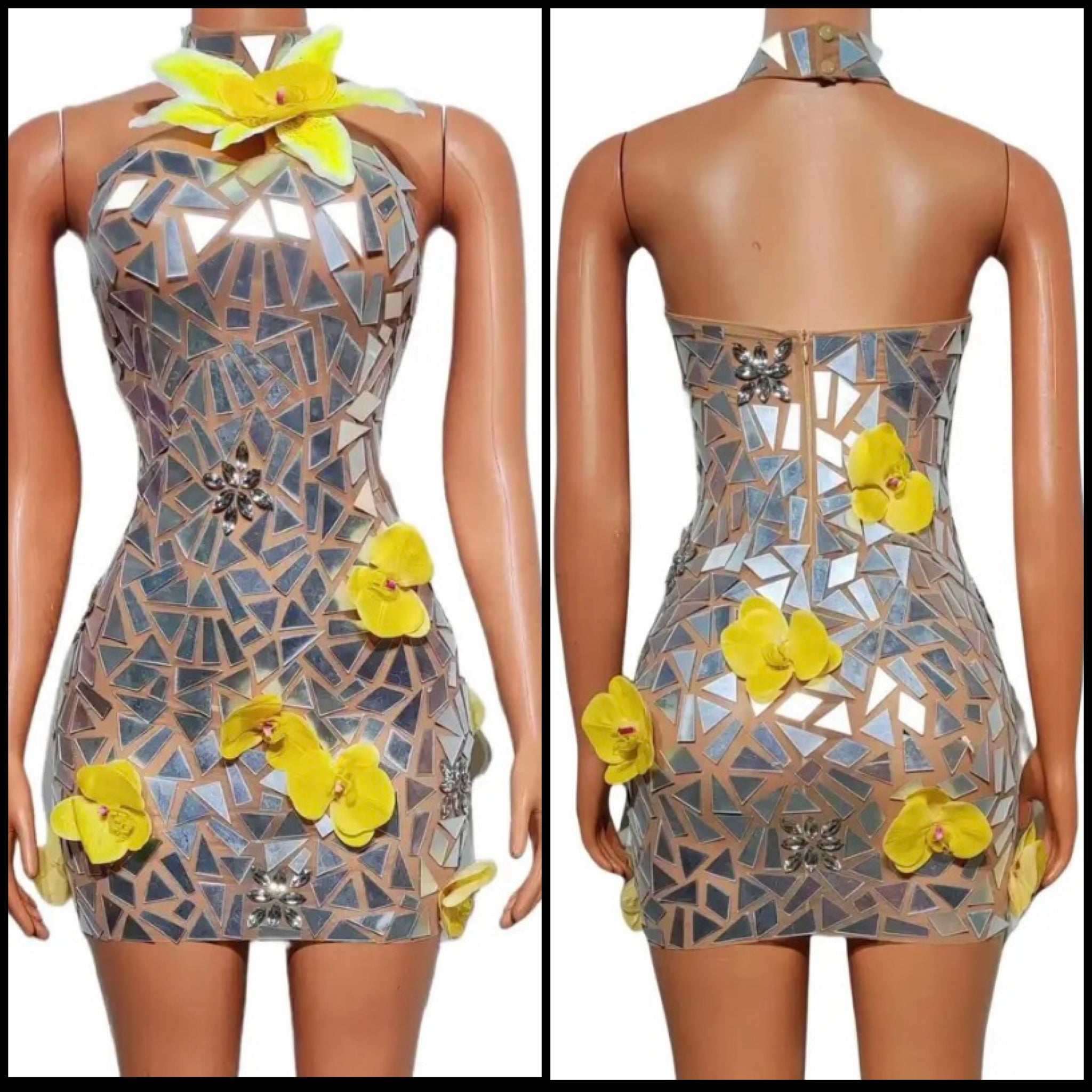 Women Sexy Silver Sleeveless Yellow Floral Patchwork Dress