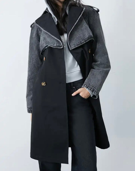 Women Fashion Denim Patchwork Trench Jacket