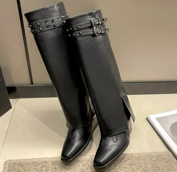 Women Knee High Buckled Black Fashion Boots