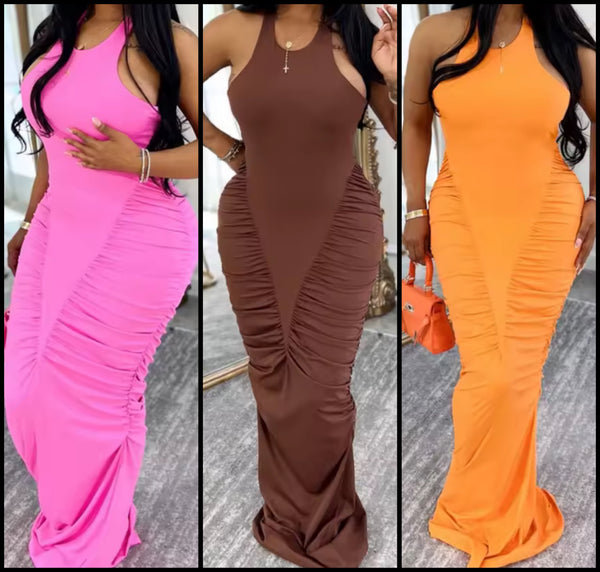 Women Sexy Color Sleeveless Ruched Maxi Dress