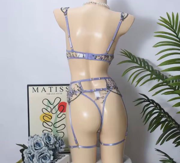 Women Purple Floral Mesh Lingerie Set