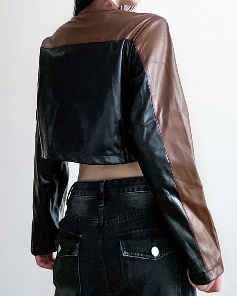 Women Fashion Color Patchwork Faux Leather Crop Jacket