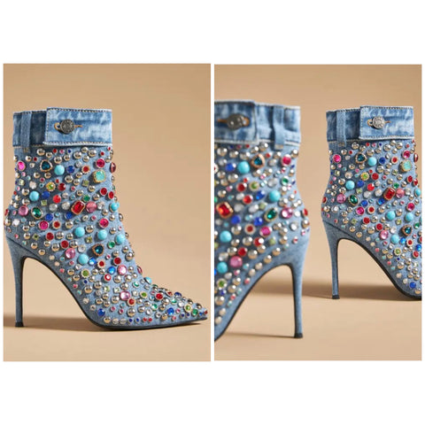 Women Colorful Gem Pointed Toe High Heel Denim Ankle Boots