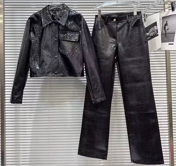 Women Fashion Faux Leather Two Piece Black Jacket Pant Set