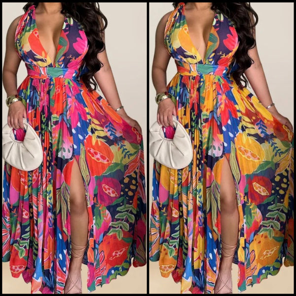 Women Sexy Sleeveless Multicolored Print Maxi Dress