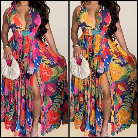 Women Sexy Sleeveless Multicolored Print Maxi Dress