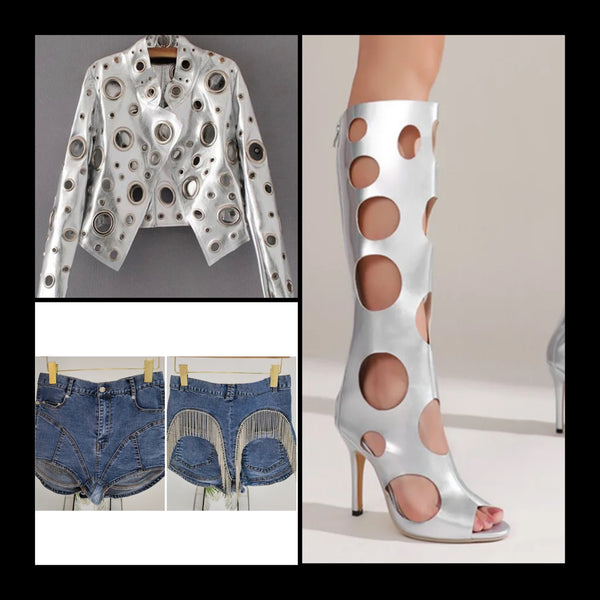 Women Fashion Circle Cut Out Faux Leather Knee High Boots