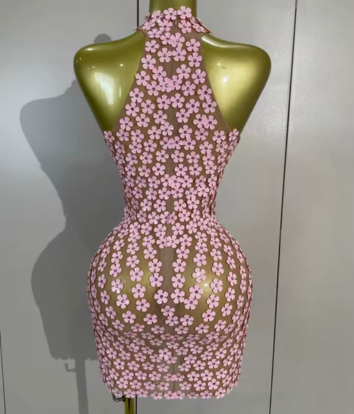 Women Pink Halter Sleeveless Sexy Floral Mesh Dress