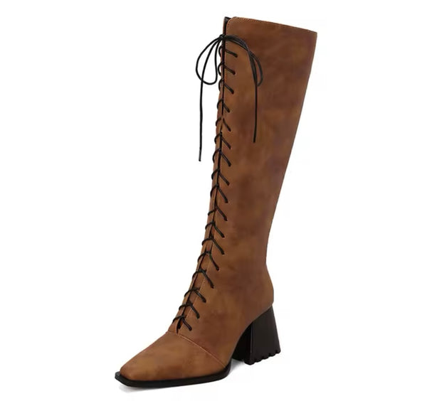 Women Fashion Pointed Toe Lace Up Knee High Boots