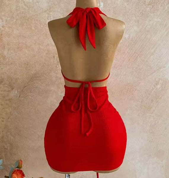 Women Red Halter Sleeveless Sexy Drawstring Dress