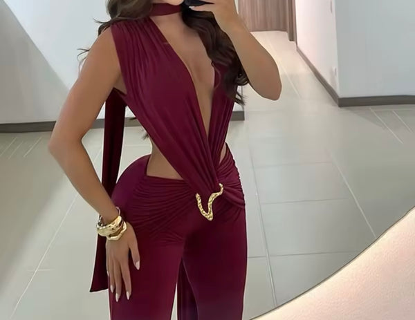 Women Choker Sleeveless Sexy Cut Out Metal Jumpsuit
